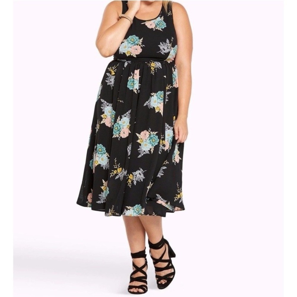 TORRID Women's Midi Dress Black Floral BLUE-PINK  Short  Lined SUMMER Size 12